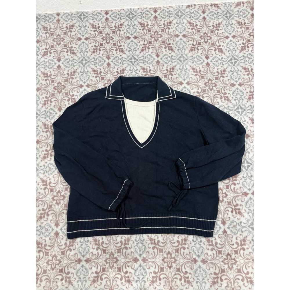 Even Vintage Navy Blue Layered Look Knit Sweater Small Preppy V-Neck Tie Sleeve